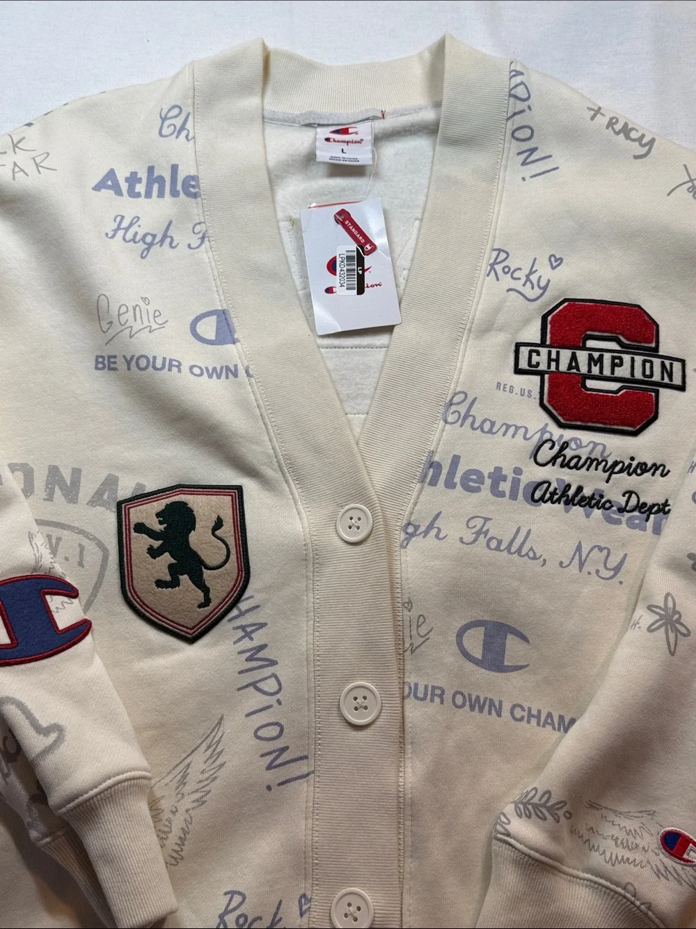 Champion AOP Graphic Cardigan Button Fleece Retro Cream Large L